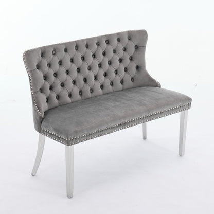 Velvet Double Dining Loveseat Bench, Kitchen & Dining Seating, 2-Seat Tufted Bench w/Handmade Buttons, Wing Back, Brushed Silver Stainless Steel Legs, Mid Century Modern,Single Pack,Gray