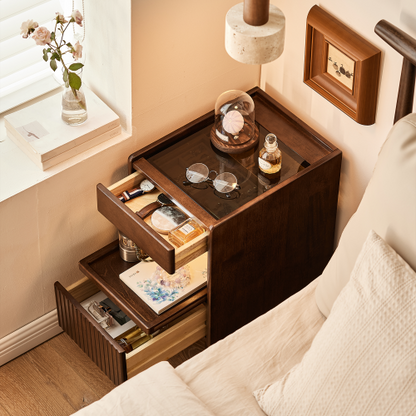 Solid Wood Nightstand with Drawer and Open Shelves, Bedside Storage Table