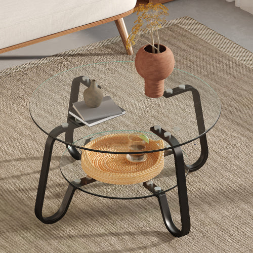 31.5 Inch Retro Double-Layer Tempered Glass Coffee Table, Metal Frame Compact Accent Table for Home Office
