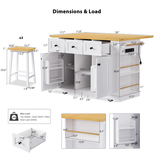 53inch Large Kitchen Island with 2 Bar Stools, Power Outlet,Door Internal Storage Rack, Kitchen Storage Cart on 5 Wheels with Drop Leaf, 5 Open Side Racks, 3 Drawers,White(Three Packages)