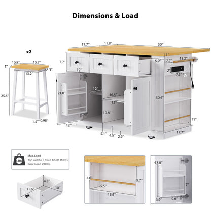 53inch Large Kitchen Island with 2 Bar Stools, Power Outlet,Door Internal Storage Rack, Kitchen Storage Cart on 5 Wheels with Drop Leaf, 5 Open Side Racks, 3 Drawers,White(Three Packages)
