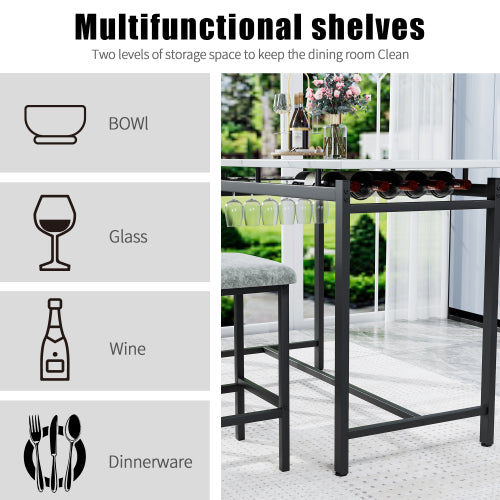 3-Piece Marble Finish Dining Set, Black Table & 2 Grey PU Upholstered Chairs