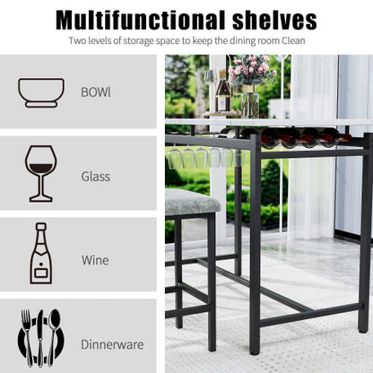 3-Piece Marble Finish Dining Set, Black Table & 2 Grey PU Upholstered Chairs