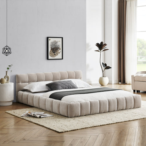 Queen Size Upholstered Bed Frame with Thick Fabric, Chenille Fabric Grounded Queen Size Platform Bed with Headboard and Solid Frame. No Box Spring Needed, Beige(68inch *86.5inch *23.5inch )