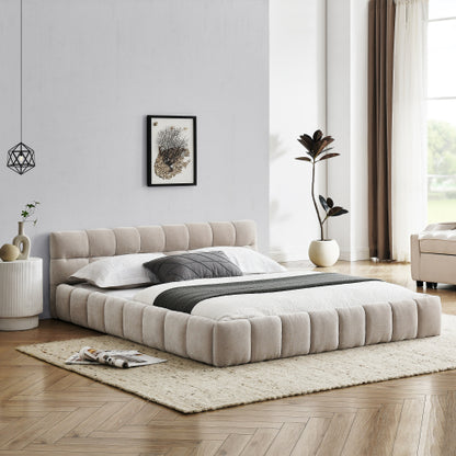 Queen Size Upholstered Bed Frame with Thick Fabric, Chenille Fabric Grounded Queen Size Platform Bed with Headboard and Solid Frame. No Box Spring Needed, Beige(68inch *86.5inch *23.5inch )