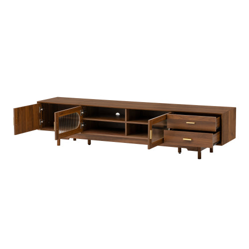 78.7 inch Walnut Fluted Glass Door TV Stand 2 Drawer Media Console Solid Wood Leg For 85 inch TV