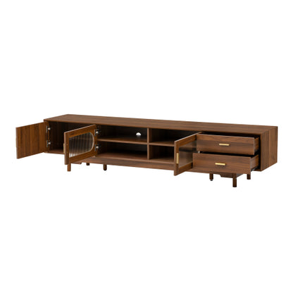 78.7 inch Walnut Fluted Glass Door TV Stand 2 Drawer Media Console Solid Wood Leg For 85 inch TV