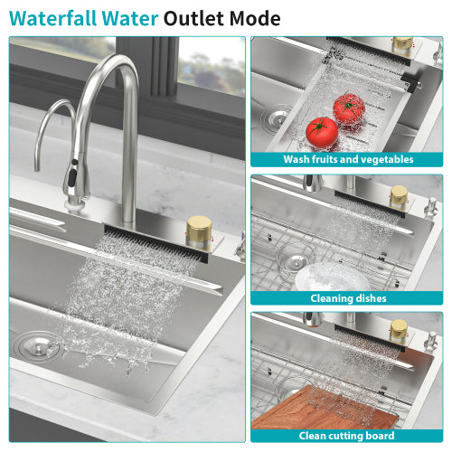 33" Drop in Waterfall Kitchen Sink - 33*22*10 inch Single Bowl 16 Gauge Stainless Steel Ledge Workstation Kitchen Sinks with Pull-Down Faucet & Cup Washer