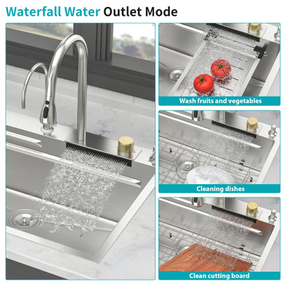 33" Drop in Waterfall Kitchen Sink - 33*22*10 inch Single Bowl 16 Gauge Stainless Steel Ledge Workstation Kitchen Sinks with Pull-Down Faucet & Cup Washer