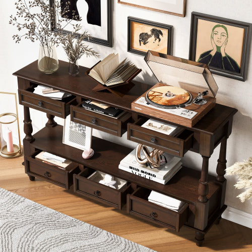 54 Inch Solid Wood Console Table with 6 Drawers & Shelf Espresso Brown