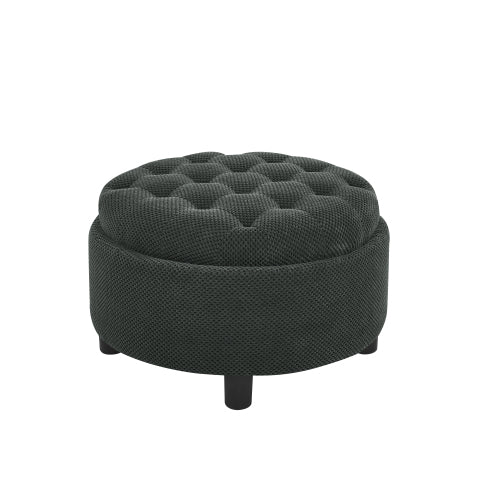 25 Inch Round Storage Ottoman, Dark Grey Tufted Fabric