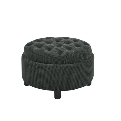 25 Inch Round Storage Ottoman, Dark Grey Tufted Fabric