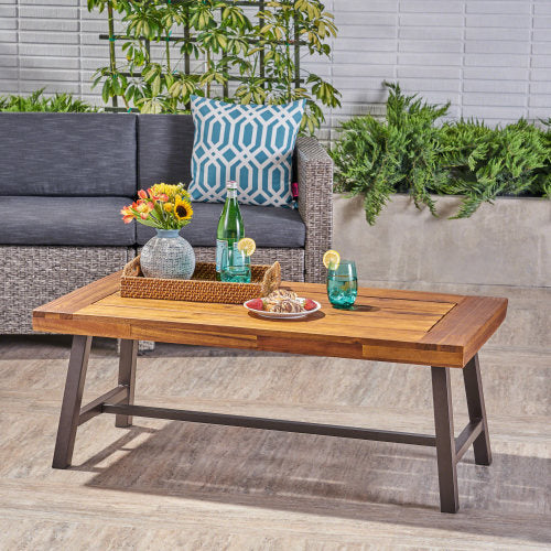 Modern Industrial Brown Acacia Wood Slat Coffee Table with Metal Frame