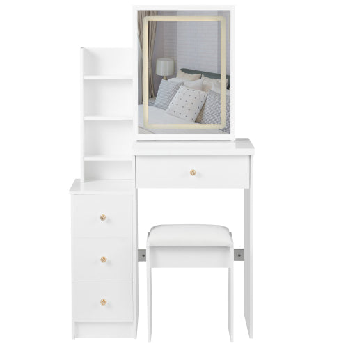 29.2inch  Small Size Left Bedside Cabinet LED Mirror Vanity Table + Cushioned Stool, Large Sliding, Touch Control, 3-color Switch, Brightness Adjust Mirror, High Capacity Storage, EPA, GCC, UL Certificate