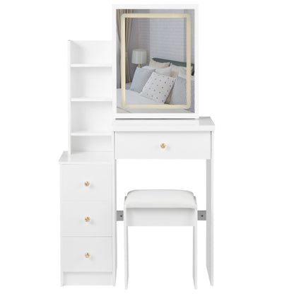 29.2inch  Small Size Left Bedside Cabinet LED Mirror Vanity Table + Cushioned Stool, Large Sliding, Touch Control, 3-color Switch, Brightness Adjust Mirror, High Capacity Storage, EPA, GCC, UL Certificate