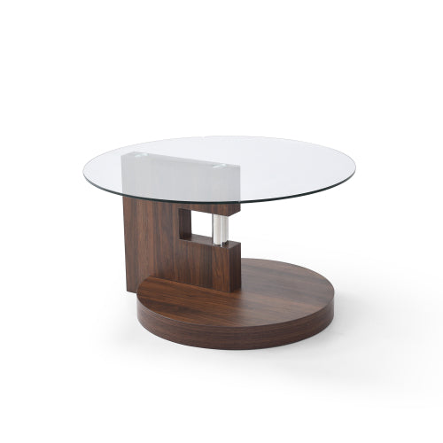 Double-Layer Round Coffee Table, Glass Top & Walnut MDF Legs, 220lbs Capacity