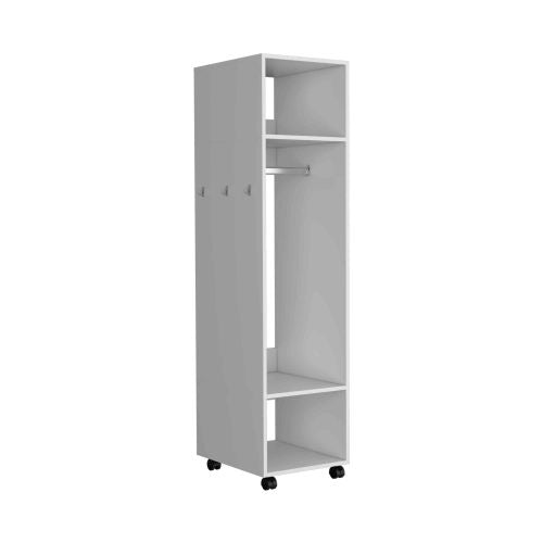 Cluster 63" Tall Wardrove with Mirror, Three Shelves, Casters and Hanging Rod, Armoire, Bedroom Clothes Storage, Cabinet Organizer White
