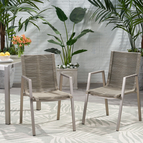 Outdoor Modern Aluminum Dining Chair with Rope Seat (Set of 2), Silver and Taupe