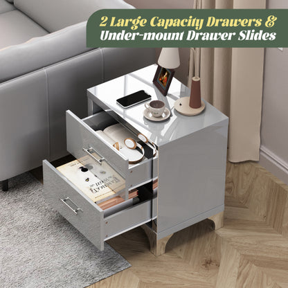 High Gloss Mirrored Nightstand with 2 Drawers,Modern End Table with Drawers,Mirrored High Gloss Wood Nightstand Metal Handle Bedside End Table for Bedroom, Dorm,Living Room,Grey