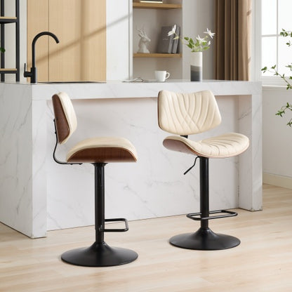 Walnut Bentwood Bar Stools Mid Century Modern Adjustable Counter Height Black Leather Upholstered 360¡ãSwivel Bar Chairs for Kitchen Island/Dining Room/Cafe,Beige,Set of 2