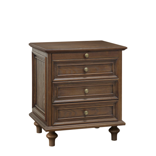 Walnut Brown Farmhouse Nightstand, 4 Drawers with Pull-Out Tray & Solid Wood Legs