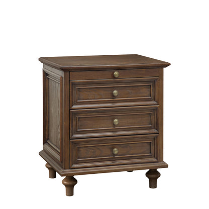 Walnut Brown Farmhouse Nightstand, 4 Drawers with Pull-Out Tray & Solid Wood Legs