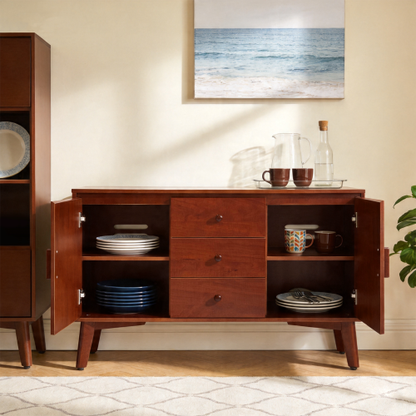 Walnut Mid Century Buffet Cabinet with 3 Drawers