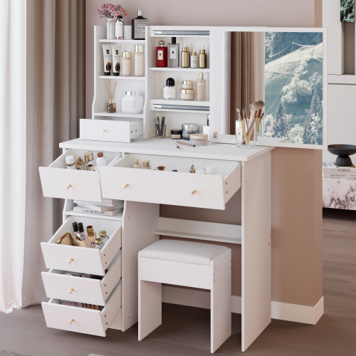 37inch  Middle Size Left Drawer Desktop Vanity Table + Cushioned Stool, Extra Large Right sliding mirror, Multi Layer High Capacity Storage, Practical Fashionable Dresser, Suitable For Large Space