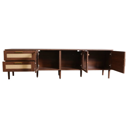 Rattan TV Stand with Drawers Glass Doors and LED Lights for 80 Inch TVs