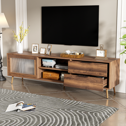 70.8 Inch Walnut Mid-Century TV Stand Tempered Glass Sliding Door Media Console for 75 inch+ TV