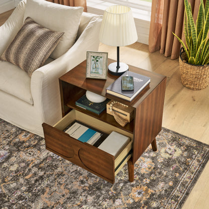 Mid Century Modern Fluted Nightstand with Charging Station USB Ports & Outlet Hole & 4 Solid Wood Legs, Farmhouse End Table with Open Space and Drawer Dresser, Walnut