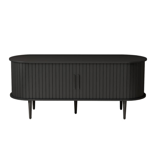 47 Inch Black Mid-Century TV Stand Sliding Fluted Door MDF Media Console with Metal Legs