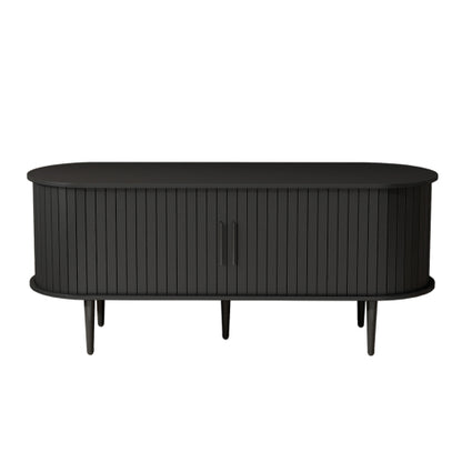 47 Inch Black Mid-Century TV Stand Sliding Fluted Door MDF Media Console with Metal Legs