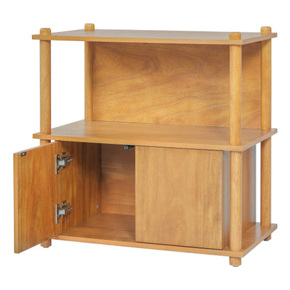 Natural Wood Nightstand, 2 Open Shelves & 2-Door Storage Cabinet Push-to-Open Side Table