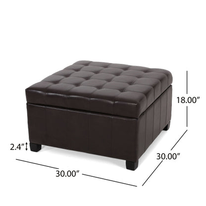 Dark Brown PU Leather Tufted Storage Ottoman with Waffle Stitch