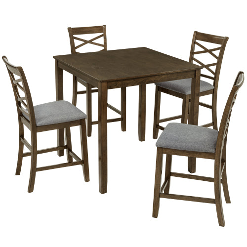 5-Piece Counter Height Dining Set with 4 Upholstered Chairs, Walnut Wood Table Set for Kitchen & Dining Room