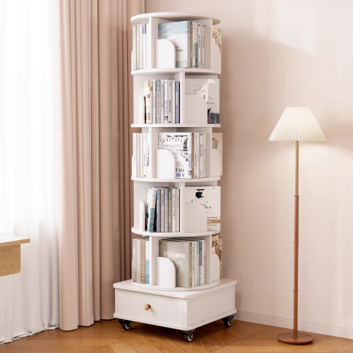White 6-Tier 360¡ã Rotating Bookshelf with Single Drawer, Tall Narrow Wooden Corner Home Display Rack