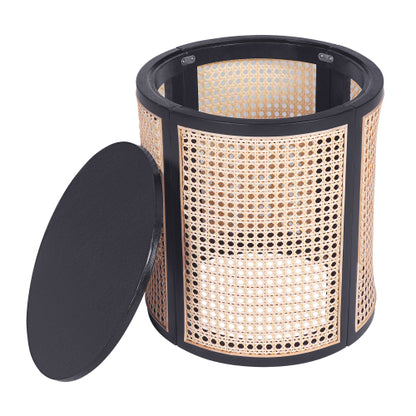 Round Rattan End Table, 15.7 Inch Woven Side Table with Rubber Wood Top, Small Nightstand for Living Room Bedroom, Black