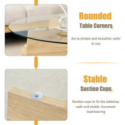 31.5 Inch Round Tempered Glass Coffee Table, Fan-Shaped Wood Grain Pedestal Table for Living Room & Office