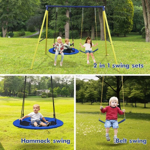 2 in 1 Swing Set With Hammock Swing, Belt Swing for Backyard