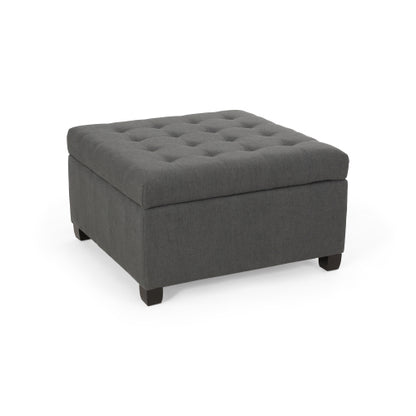 Dark Gray Fabric Tufted Storage Ottoman with Birch Wood Legs