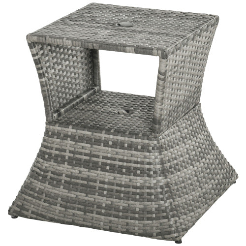 Outsunny Rattan Wicker Side Table with Umbrella Hole, 2 Tier Storage Shelf for All Weather for Outdoor, Patio, Garden, Backyard, Mixed Grey