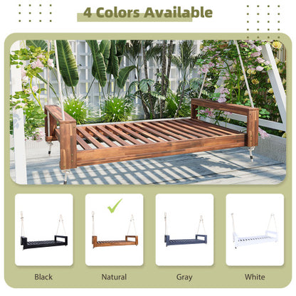 Twin Size Porch Swing Bed Seating Group, Patio Acacia Wood Swing Frame with Hemp Ropes for Garden, Backyard, Natural