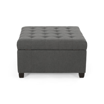 Dark Gray Fabric Tufted Storage Ottoman with Birch Wood Legs