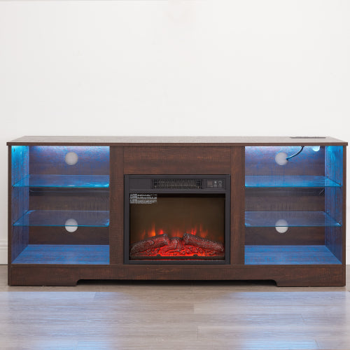 58 Inch Black Electric Fireplace TV Cabinet Bluetooth APP Controlled RGB LED Light Media Stand with Charging Ports for 62 Inch TV