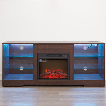 58 Inch Black Electric Fireplace TV Cabinet Bluetooth APP Controlled RGB LED Light Media Stand with Charging Ports for 62 Inch TV