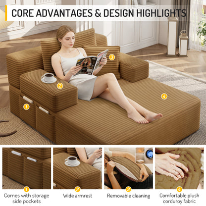 Camel Oversized Plush Corduroy Frameless Convertible Chaise Sofa Bed w/Storage Pockets & 3 Pillows