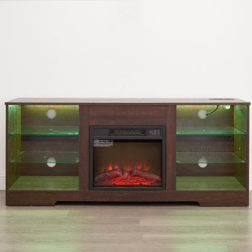 58 Inch Black Electric Fireplace TV Cabinet Bluetooth APP Controlled RGB LED Light Media Stand with Charging Ports for 62 Inch TV