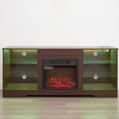 58 Inch Black Electric Fireplace TV Cabinet Bluetooth APP Controlled RGB LED Light Media Stand with Charging Ports for 62 Inch TV