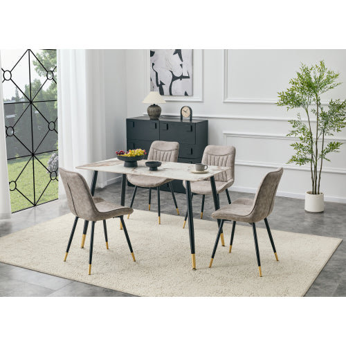 Set of 2 Gray Leathaire Tech Fabric Dining Chairs, Black Semi-Gloss Metal Leg Gold Trim Adjustable Non-Slip Feet Vertical Stitch High Back